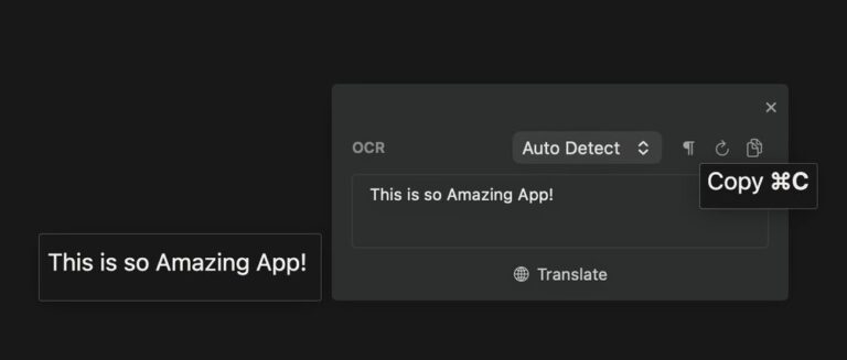 Tracer's OCR popup showing automatic language detection and text extraction