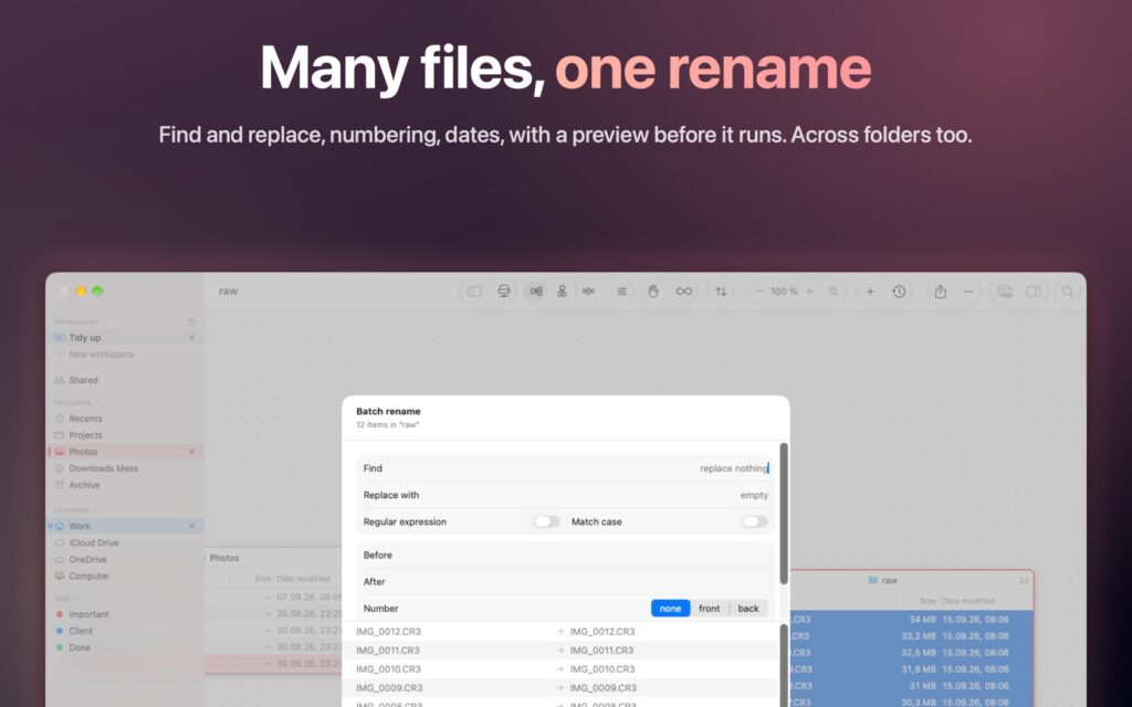 Trellis batch rename window with a preview of the new file names