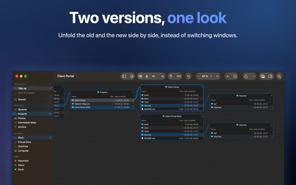 Two versions of a project folder unfolded side by side in Trellis