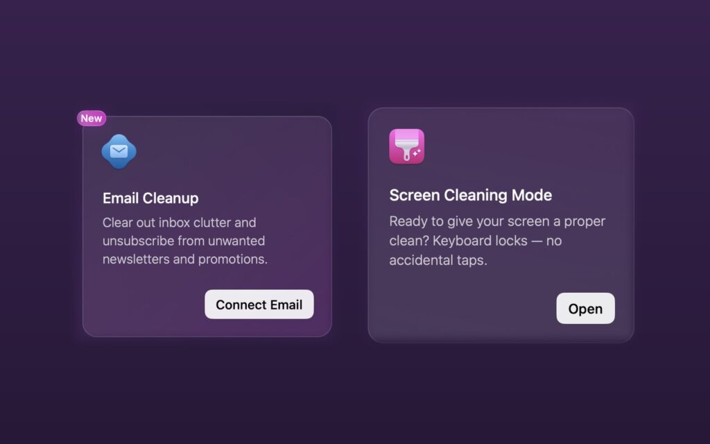Email Cleanup and Screen Cleaning Mode cards in CleanMyMac