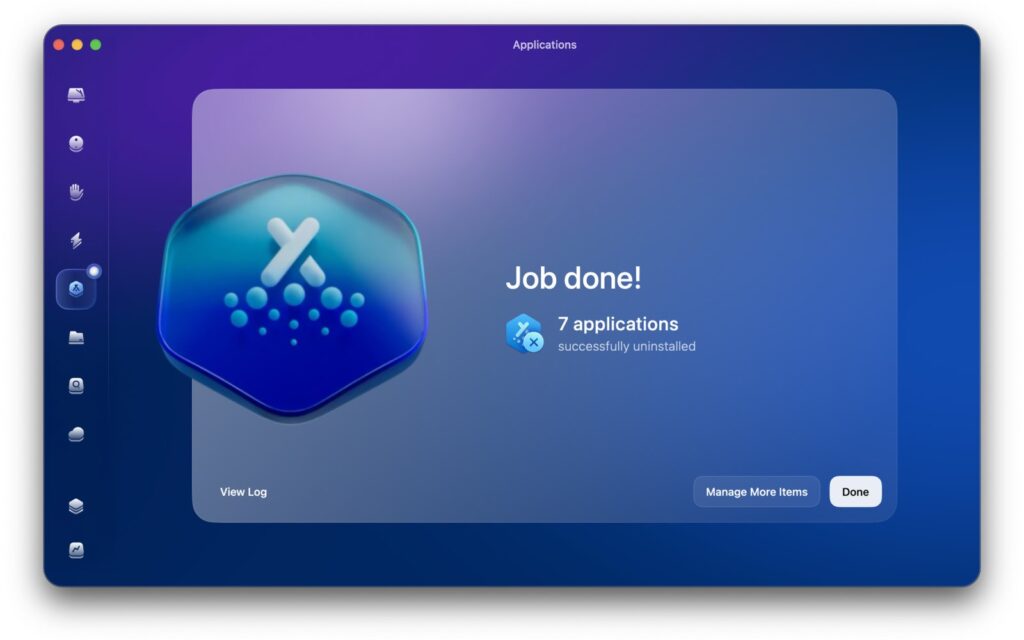 CleanMyMac Applications screen after uninstalling seven apps