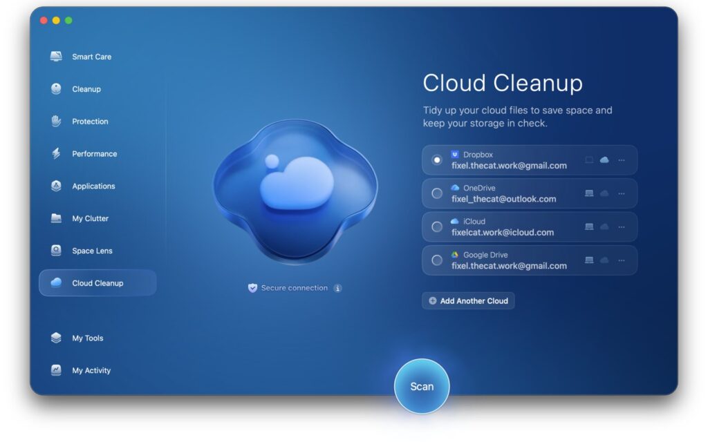 CleanMyMac Cloud Cleanup screen with connected cloud storage accounts