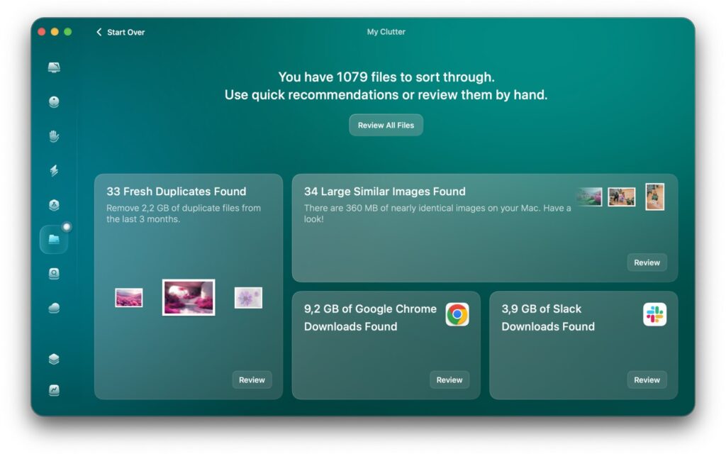 CleanMyMac My Clutter screen with duplicates, similar images and large downloads