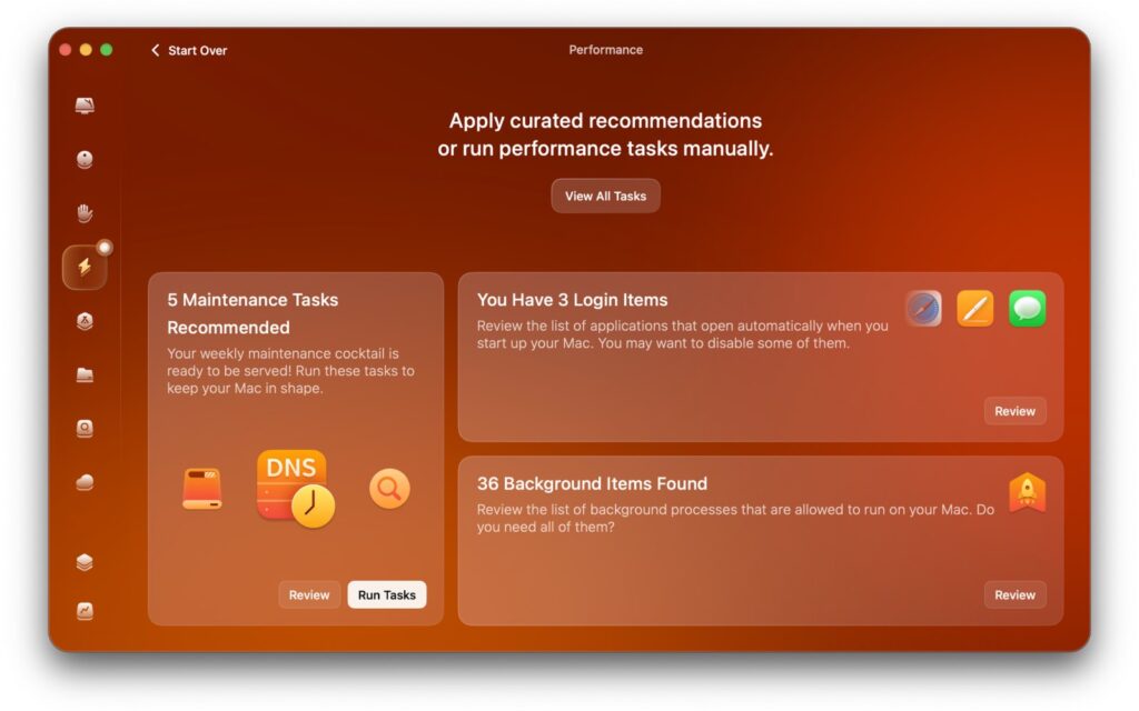 CleanMyMac Performance screen with maintenance tasks, login items and background items