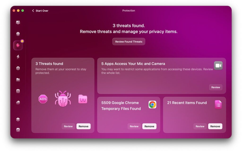CleanMyMac Protection screen listing threats and apps with microphone and camera access