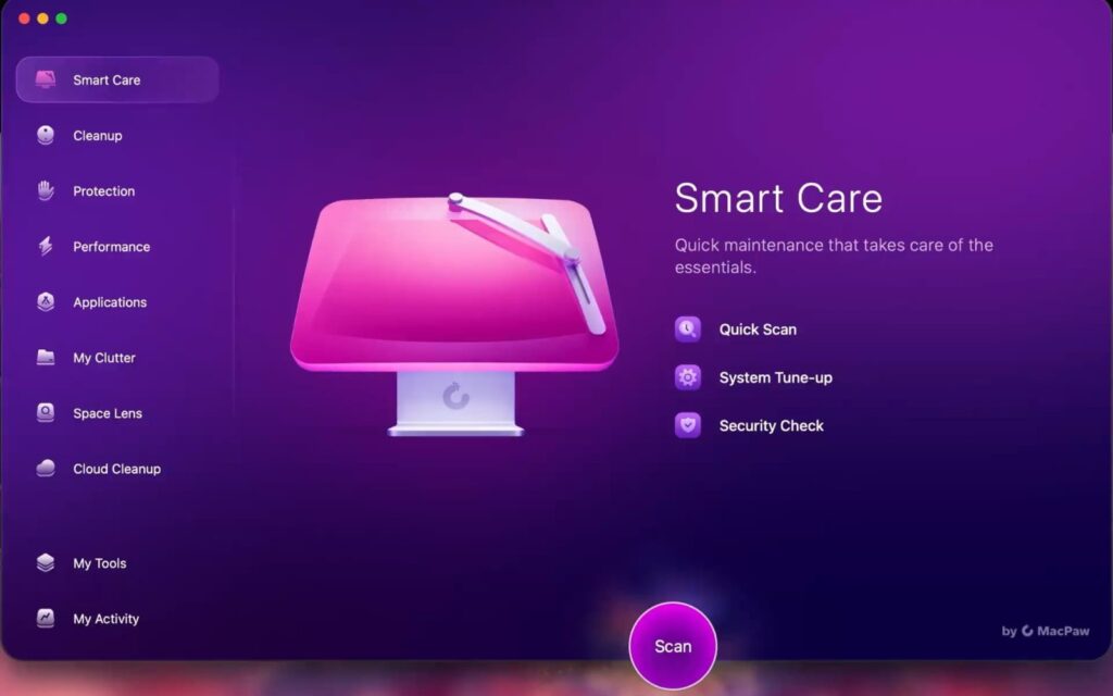 CleanMyMac Smart Care screen with Quick Scan, System Tune-up and Security Check