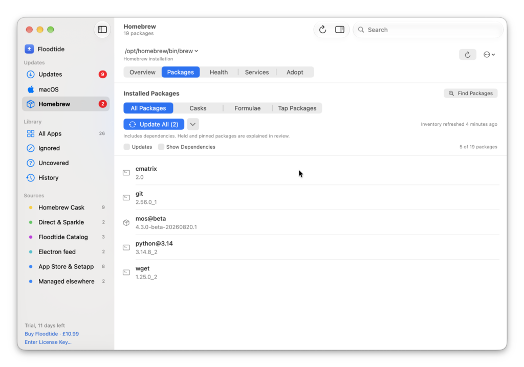 Floodtide Homebrew page listing installed packages with Overview, Packages, Health, Services and Adopt tabs
