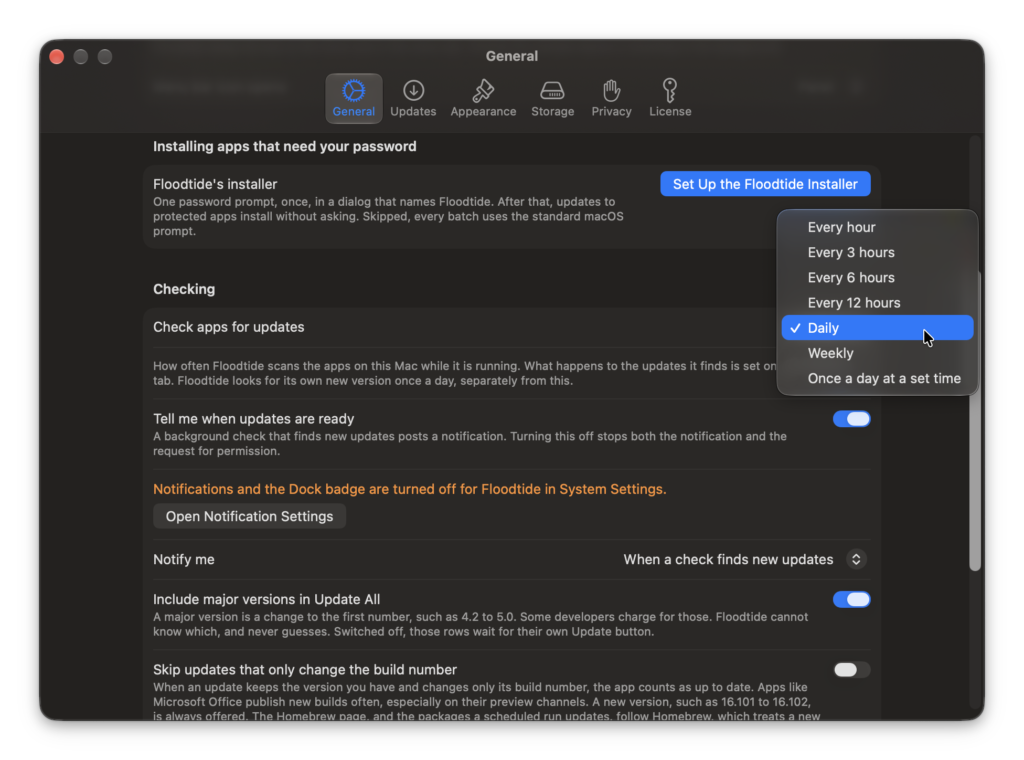 Floodtide General settings with the Check apps for updates menu open
