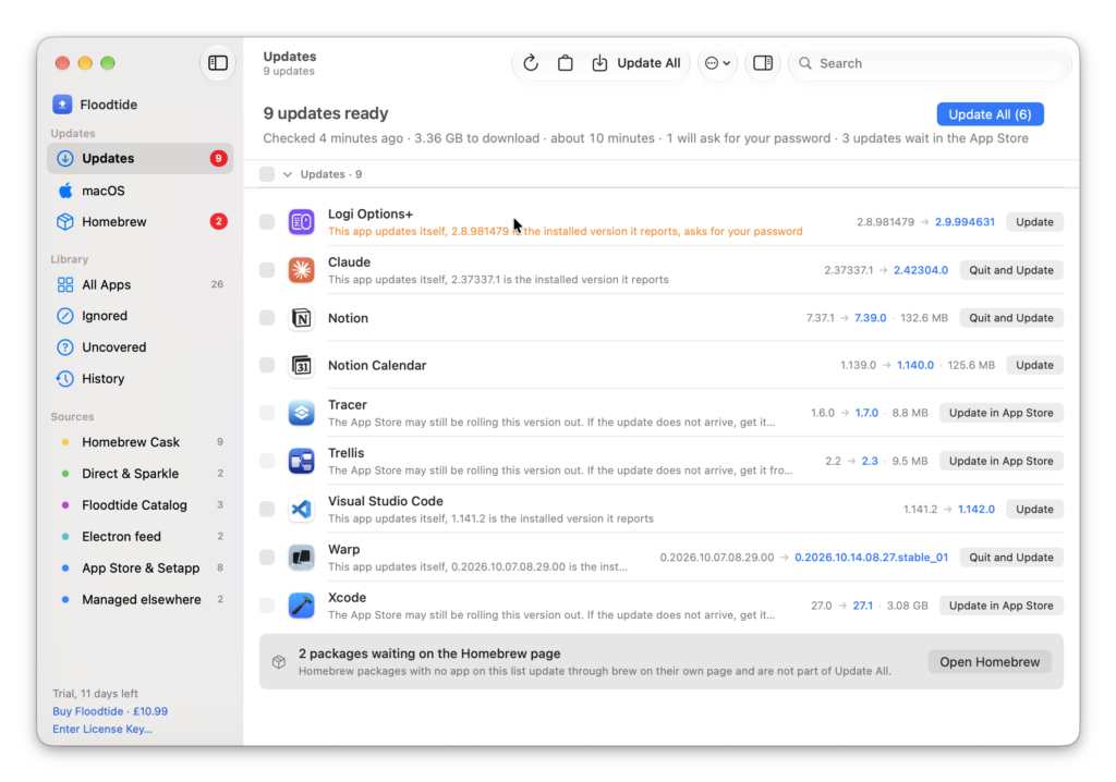 Floodtide Updates list showing nine updates, each with its version change and an Update, Quit and Update or Update in App Store button