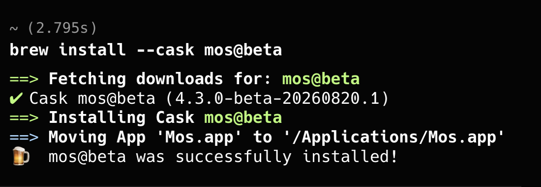 Terminal window showing the Mos 4.3.0 beta installed with Homebrew