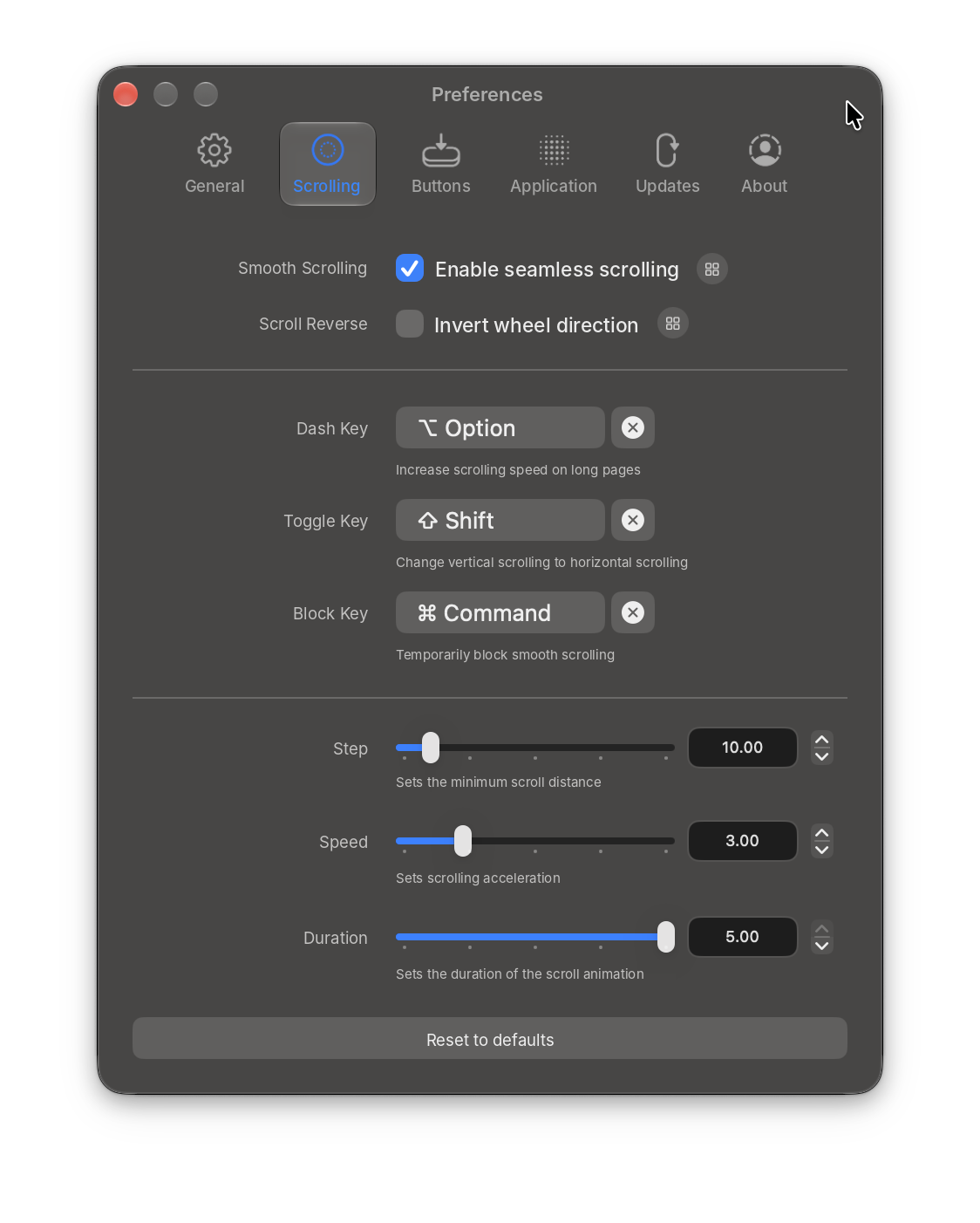 Mos 4.3.0 Scrolling tab set to Step 10, Speed 3 and Duration 5