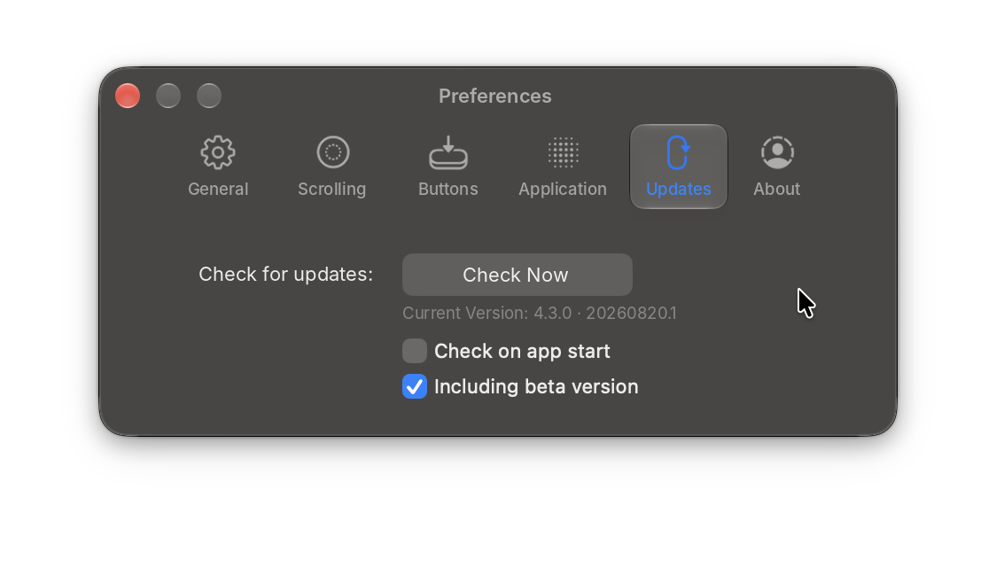 The Updates tab in Mos Preferences with Including beta version turned on
