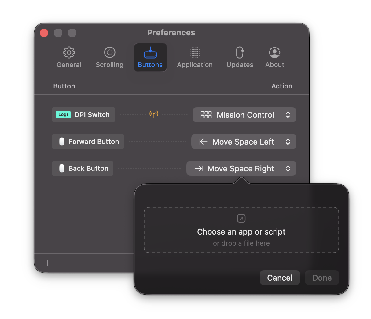 Mos buttons settings tab for remapping mouse buttons to actions