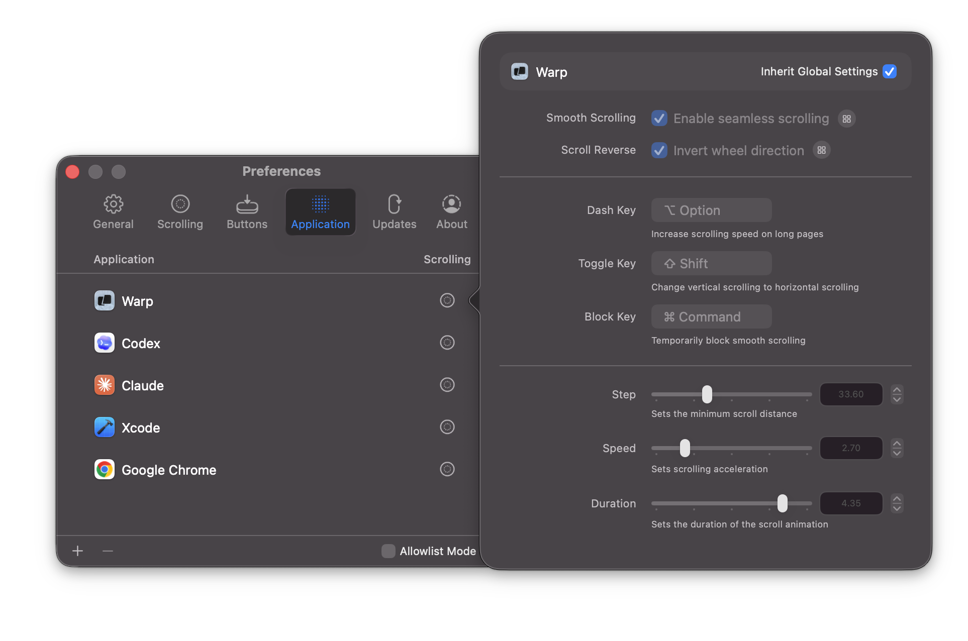 Mos per-application settings panel showing custom scroll settings for different apps