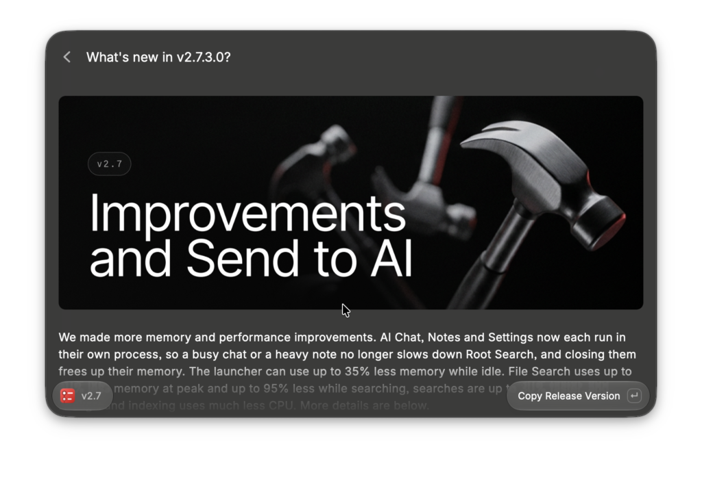 Raycast for Mac's What's New screen for v2.7.3.0, titled Improvements and Send to AI