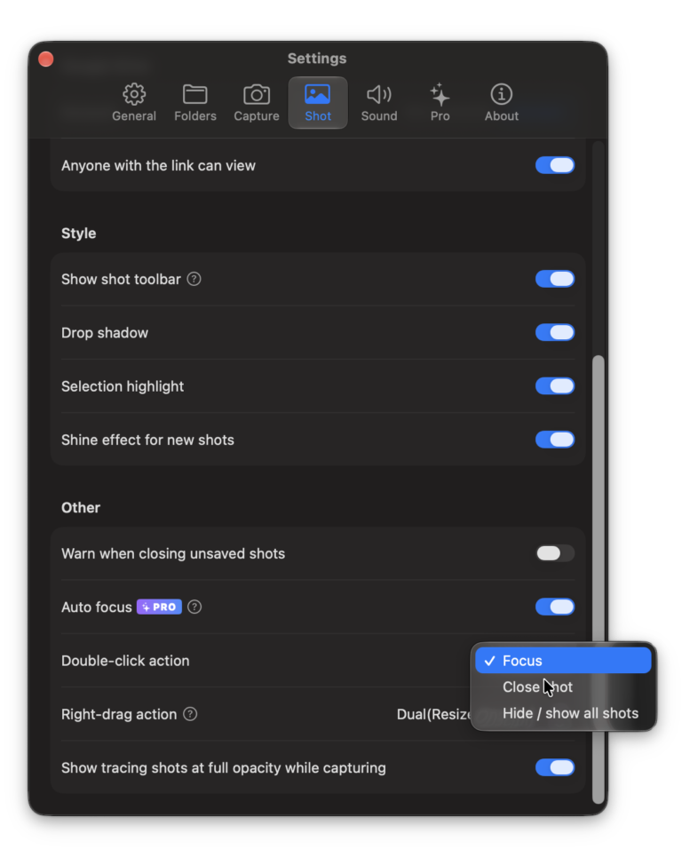 Tracer Settings Shot tab with Double-click action set to Focus